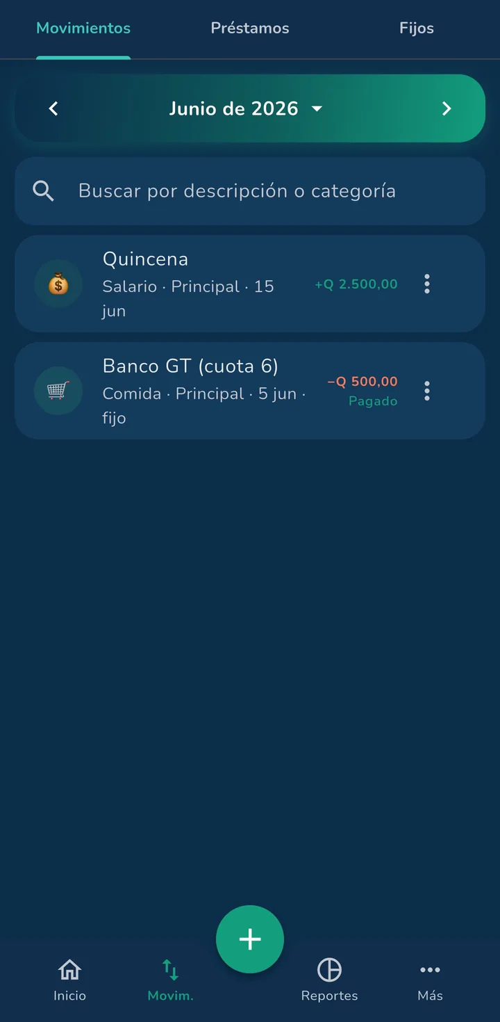 Lista de movimientos de MiPisto con ingresos y gastos del mes