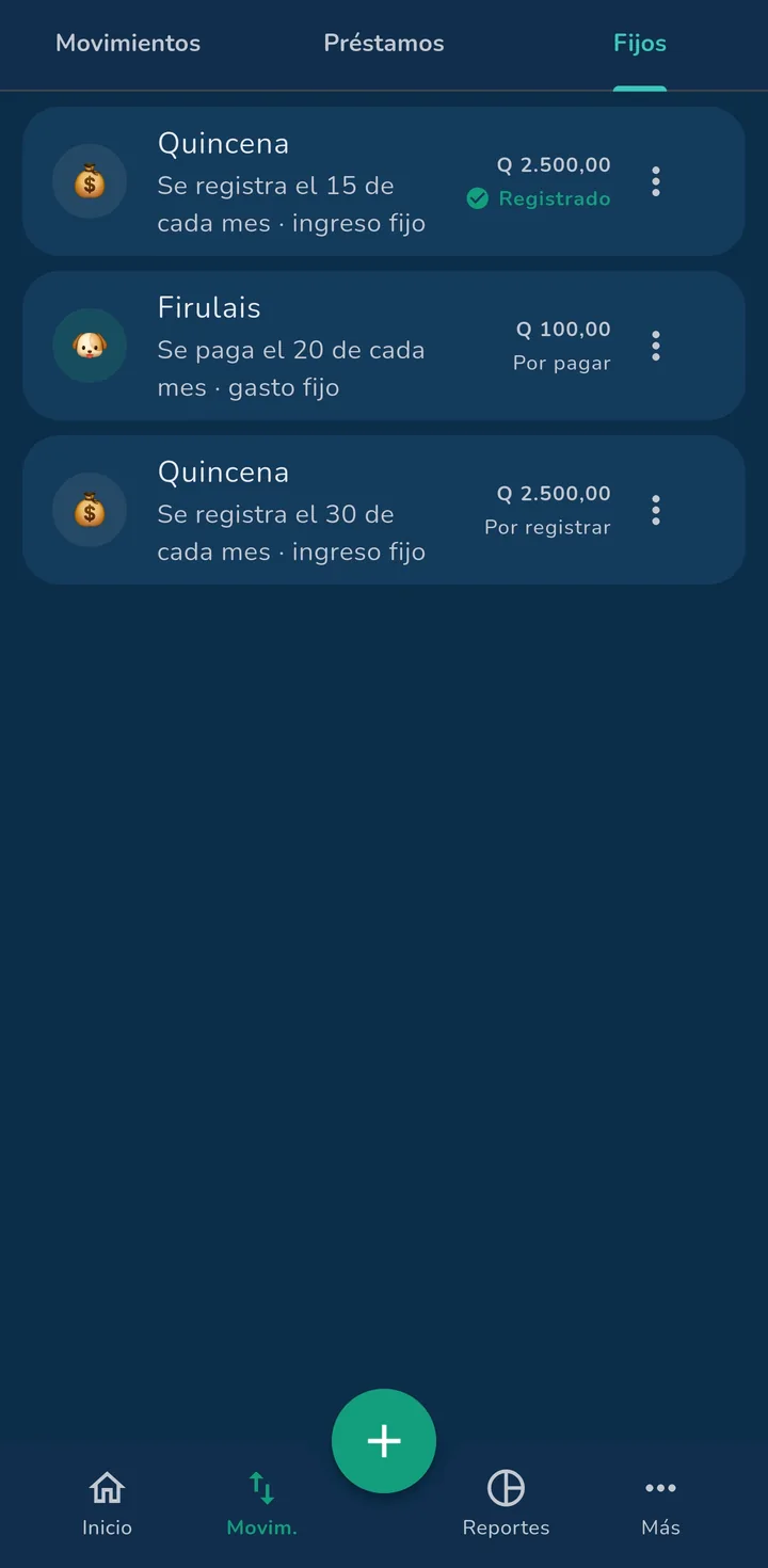 Listado de pagos fijos mensuales en MiPisto